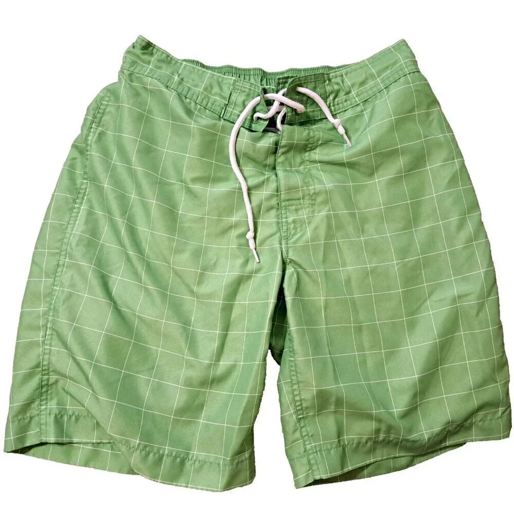 Izod Men's S Green Check Swim Trunks Board Shorts 9